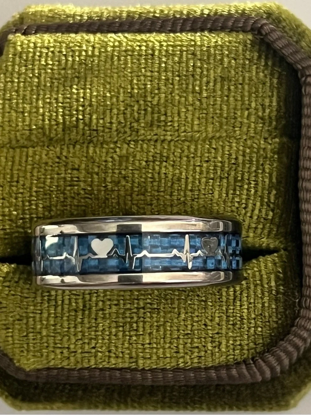 Men’s Titanium Steel Silver/Blue Heart Beat Polished Finish 8mm Band S 11